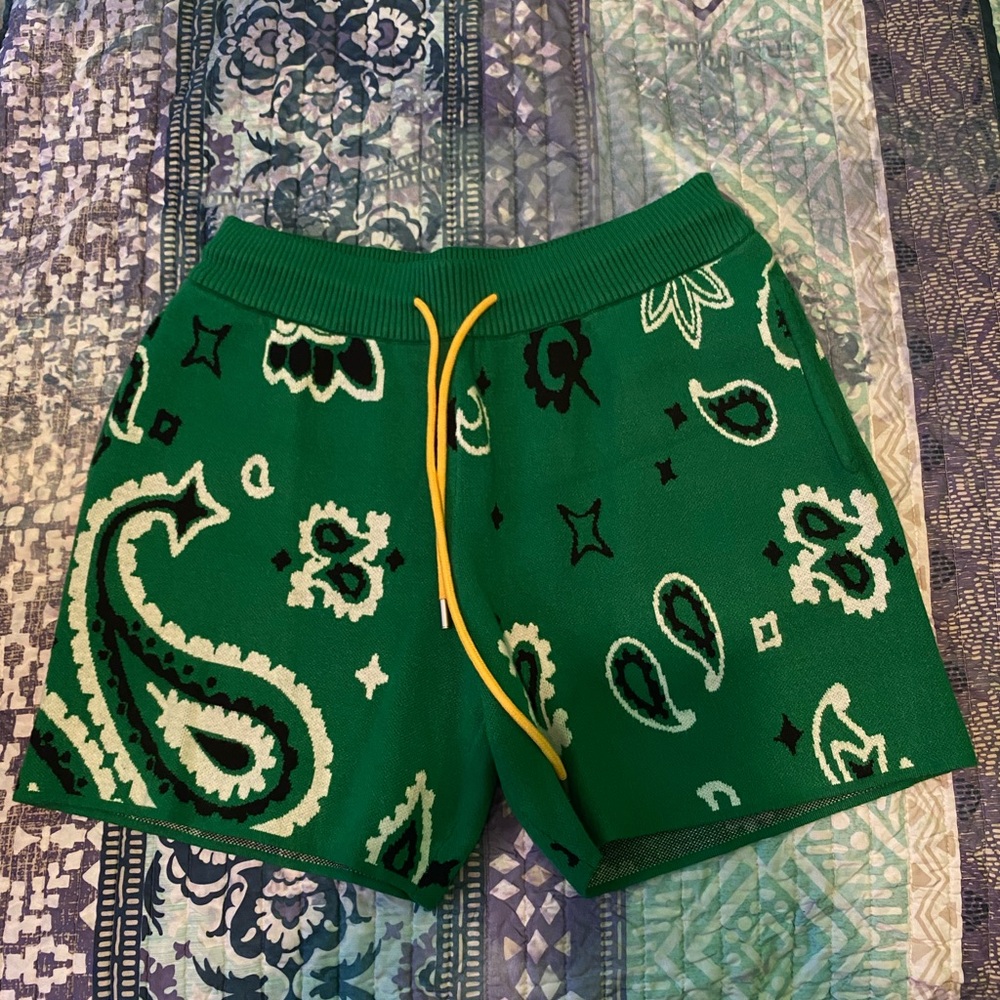 Green Paisley Knit Shorts with Yellow Drawstring